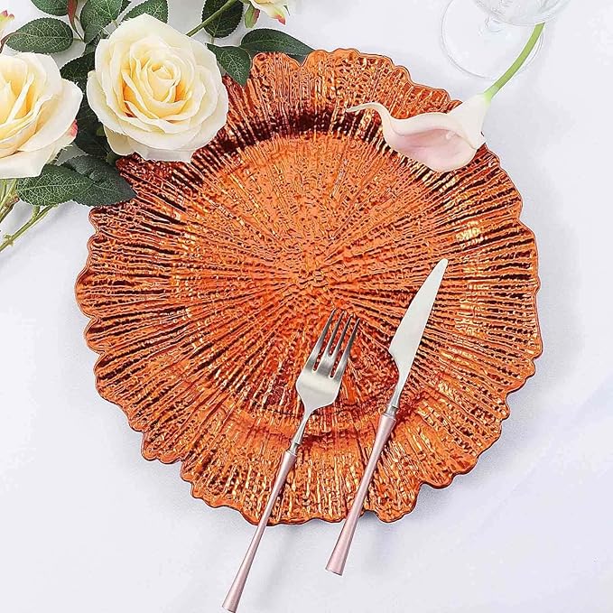 13" Charger Plates - Set of 12 - Acrylic Orange Round Reef Disposable Chargers, Ideal for Dinner Party Wedding Holiday Bulk Events