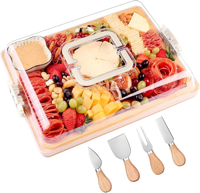 Charcuterie Board with Lid and Handle - Portable Travel Design Bamboo Cheese Board Set with 4 Cheese Tools, Gift for Housewarming, Weddings, Picnics (1 Compartment, White)
