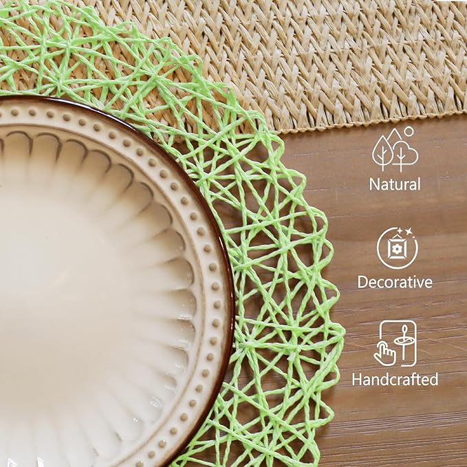 AHHFSMEI Paper Braided Round Placemats Set of 12 Natural Non-Slip Heat Resistant Table Mats for Dining Tables Woven Indoor Outdoor Place mats(Light Green,12)