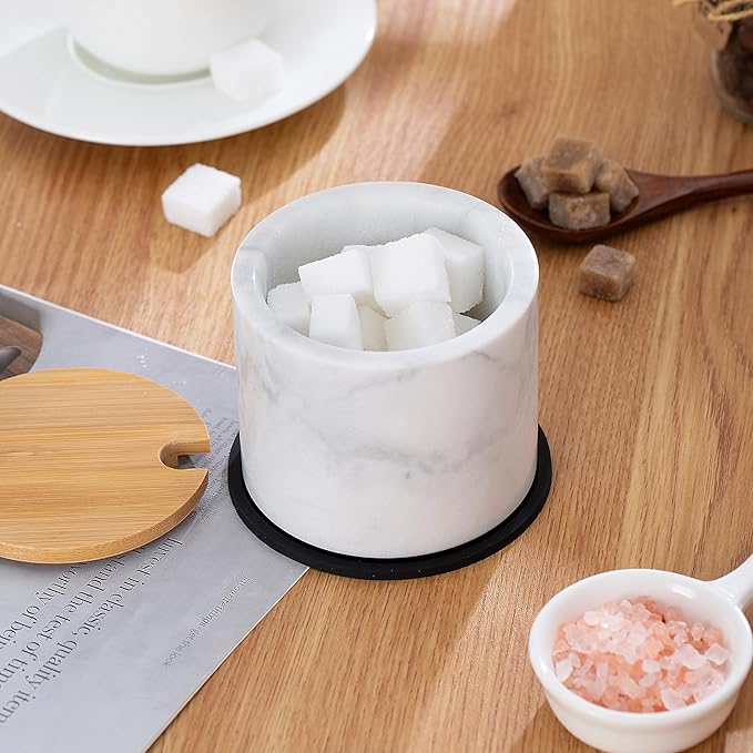 Marble Sugar Bowl with Lid & Spoon, Sugar Container 11oz,Sugar Dispenser Handcrafted from Natural Marble, Smooth Inside (light white grey)