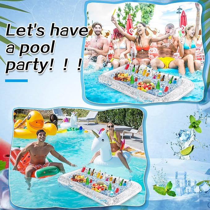 Leitee 3 Pcs Inflatable Serving Bar 52 x 24 x 5'' Ice Buffet Serving Tray Drink Cooler with Drain Plug Inflatable Pool Bar for Party Food Drink Holders with a Hand Pump(Glitter Silver)