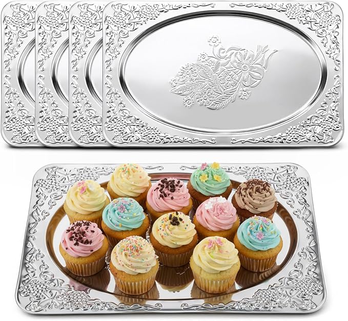 4 Pcs Silver Serving Trays Set 13.8" x 8.5" Small Stainless Steel Serving Tray Oval Floral Engraved Tray Heavy Duty Metal Serv ing Trays for Coffee Table, Bar, Party, Club, Home