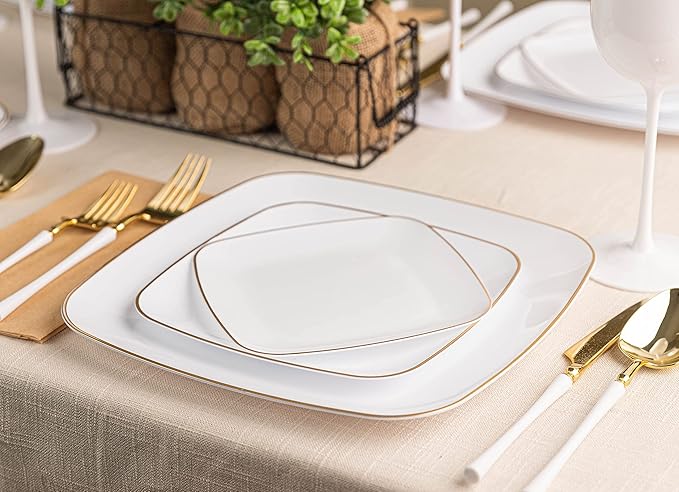 PLASTICPRO Square 32 Piece Combo Plates Set includes 16 x 7'' inch Salad Plates & 16 x 10'' inch Dinner Plates White Plastic Gold Rim Design Party Plates, Premium heavyweight Elegant,