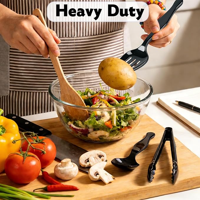 24 Pcs Black Plastic Serving Utensils Set - Large Serving Tongs, Serving Forks, Serving Spoons - Heavy Duty Disposable Serving Utensils for Parties, Buffet, Catering Supplies (Black, 24 Pcs)