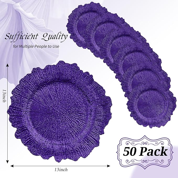 50 Pack Purple Charger Plates Bulk, 13" Plastic Reef Chargers for Dinner Plates, Round Charger Plate with Floral Reef Design for Dinner Wedding Party Table Setting Decoration
