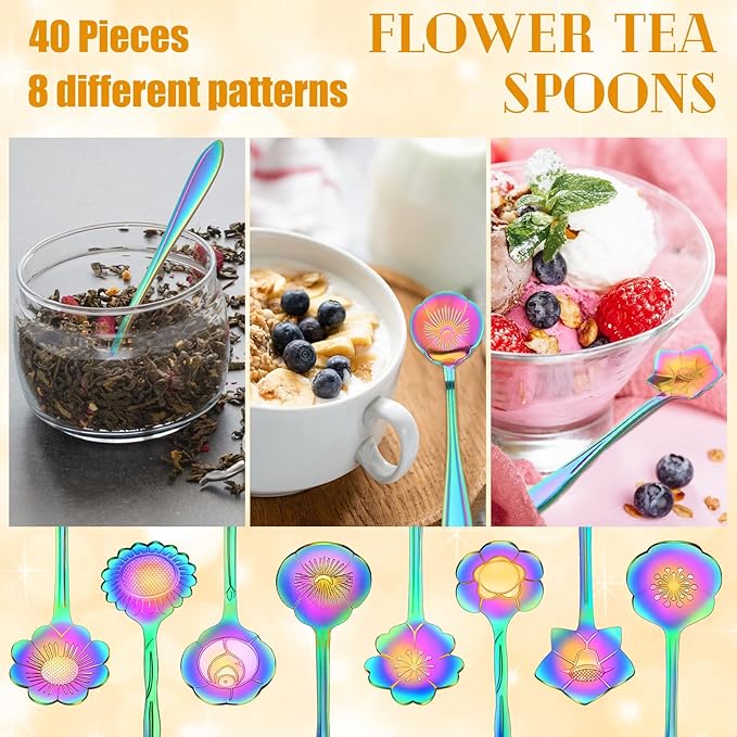 Eboot 40 Pcs Rainbow Flower Teaspoon Stainless Steel Tea Party Spoons Mini Cute Teaspoon Stirring Coffee Sugar Drink Demitasse Espresso Spoons for Bridal Baby Shower Wedding Party Favors Decorations