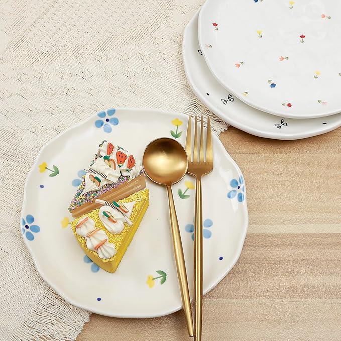 Koythin Floral Ceramic Dinner Plates, 8" Microwave Safe Dishes for Pasta, Modern Rustic Appetizer Plate for Salad Fruits Dessert Cake (Tulip Small Floral Fragments)