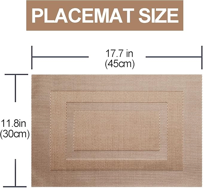 Placemats,PlasticVinyl Washable Heat-Resistant Durable PVC Non-Slip Woven for Kitchen Dining Table Mats (Set of 6, Champagne)