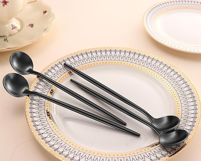 7.95 Inch Matte Black Iced Tea Spoons,4 PCs Sturdy Long Spoon For Stirring Coffee,Cocktail,Milk,Dessert,SS18/10 Satin Black Long Handle Iced Teaspoons For Mixing