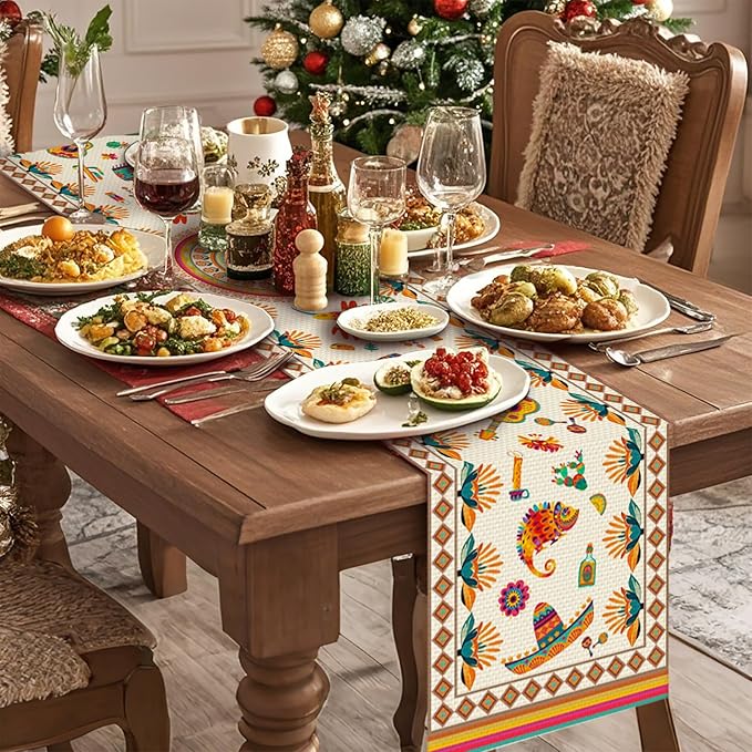 Mexican Fifth of May Table Runner Seasonal Holiday Kitchen Dining Linen Table Decoration for Indoor Outdoor Home Party Decor 13 x 72 Inch