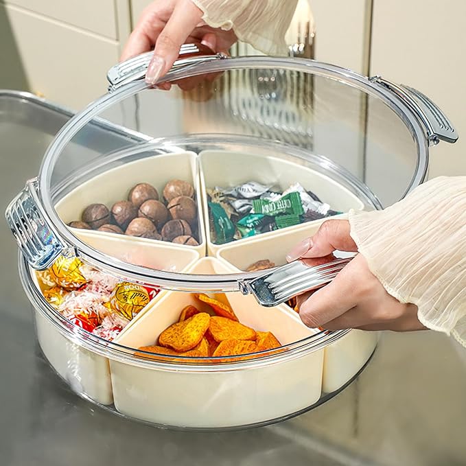 Beige Silver Round Plastic Divided Serving Tray with Lid, 5 Compartments Snack Tray Serving Platter for Biscuits, Fruit, Veggie, Candies and Hot Pot1