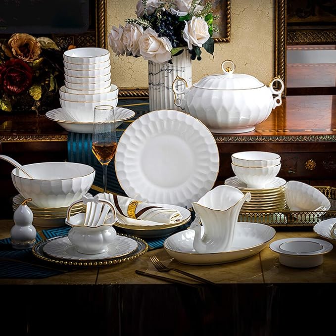 Tableware Classic Pottery Tableware,Ceramics Dinner Set, 50 Pieces Pure White High-Grade Bone China Dinnerware Sets Phnom Penh Soup Pot/Plate/Bowl - Porcelain Combination