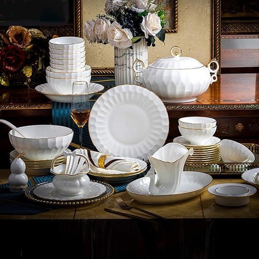 Classic Pottery Tableware,Ceramics Dinner Set, 50 Pieces Pure White High-Grade Bone China Dinnerware Sets Phnom Penh Soup Pot/Plate/Bowl - Porcelain Combination Set,