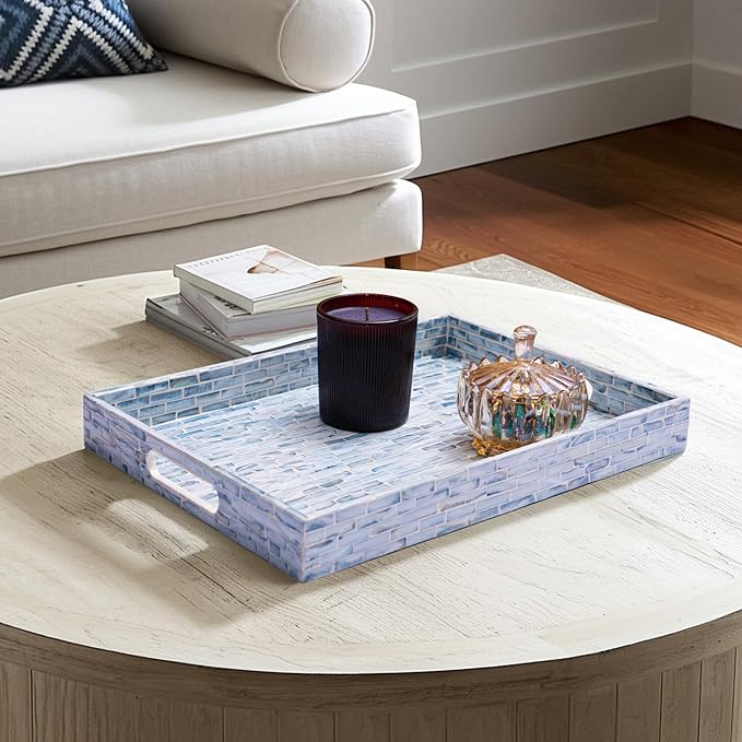 CLAYNIX Serving Tray 15.7" X11.8 Wooden Lacquer Tray with Mother of Pearl Inlay, Elegant Tea & Breakfast Tray with Handles (Rectangle)