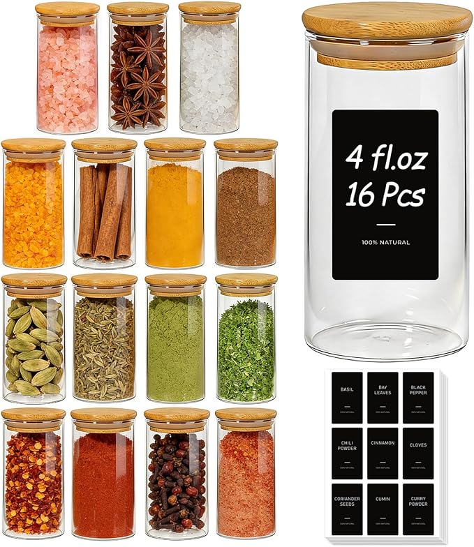ComSaf Spice Jars with Label，4 oz Glass Spice Jars with Bamboo Lid, 16 Pcs small Seasoning Containers with 54 Black Lables, Empty Seasoning Jars for Pantry Storage, Loose Tea, Herbs, Powders, Salt