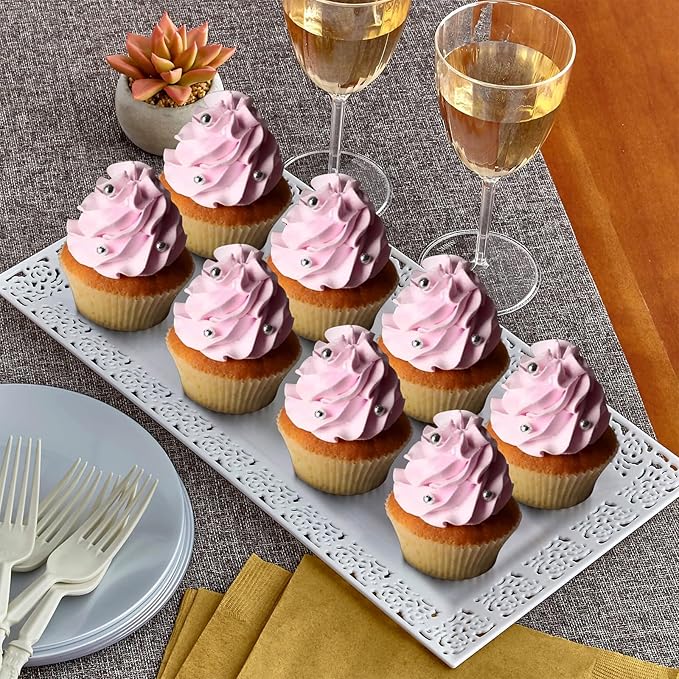Silver Spoons White Plastic Rectangular Trays with Lace Rim - 14" x 7.5" (Pack of 6) - Perfect for Parties, Weddings & More