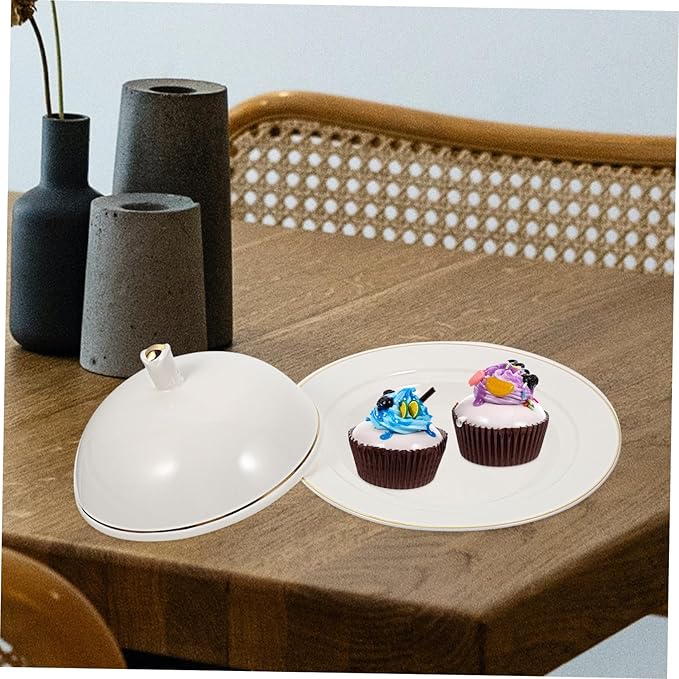 Mobestech Gold Trimmed Ceramic Plate with Lid for Western-style Cuisine Steak Serving Tray Food Storage Dishwasher Safe for Entertaining and Meal Prep