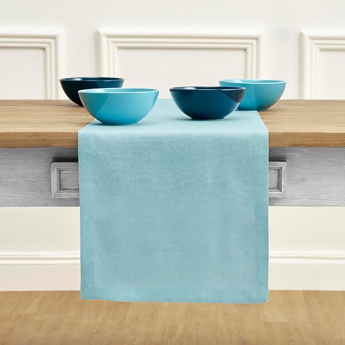Solino Home Linen Aqua Blue Table Runner 120 Inches Long - 100% Pure Linen 14 x 120 Inch Table Runner for Dining, New Year - Fete