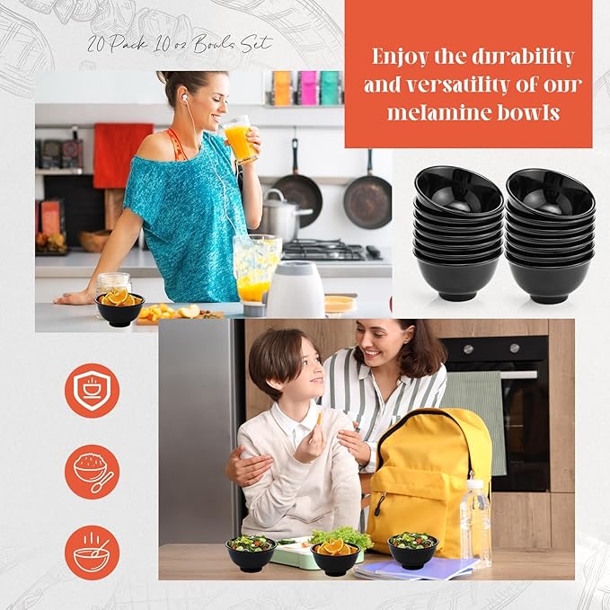 Tioncy 20 Pack 10 oz Black Dessert Bowls Set Round Melamine Bowls for Pasta Cereal Rice Soup Snack Candy Ice Cream Pudding Fruit Salad, Dishwasher Safe