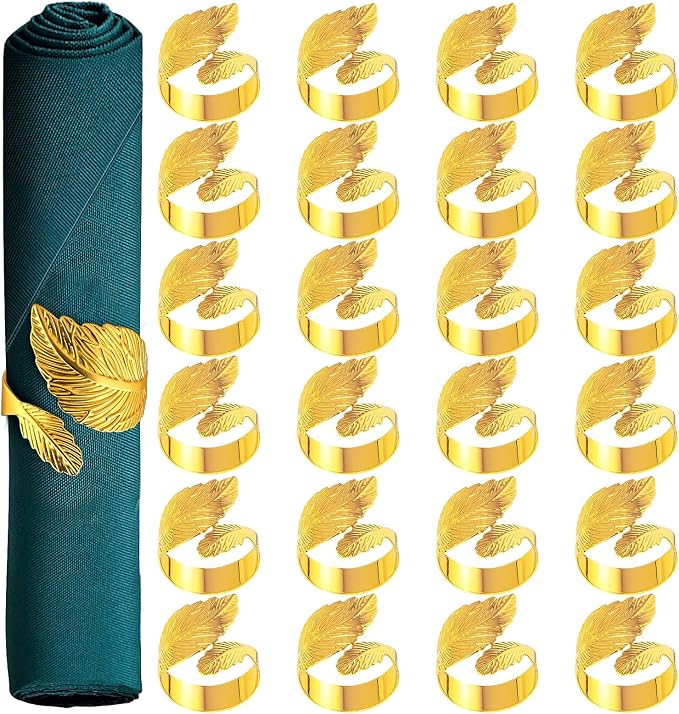 Gold Napkin Rings Set of 24 Metal Leaf Napkin Rings Cloth Napkin Holder for Weddings, Valentines Day, Holiday, Receptions, Dinner Party, Banquet, Buffet Table Decor