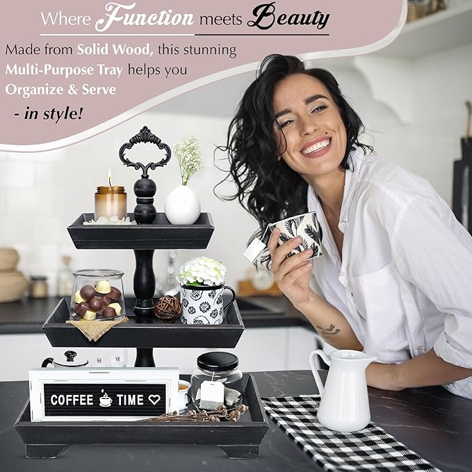 3 Tier Serving Tray [3 in 1] - Gorgeous Coffee Table Tray [Includes 3 Changeable Handles] - Can Assemble into a 1, 2 or 3 Tier Decor - Kitchen Table Centerpiece - Rectangle Wooden Serving Stand