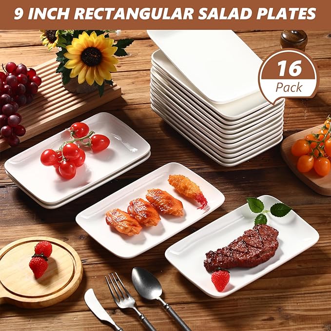 Irenare 16 Pcs 9 Inch Rectangular Salad Plates White Rectangular Porcelain Dessert Plates Appetizer Serving Tray Porcelain Platters for Fruit Sushi Dinner Parties, Microwave, Oven Safe