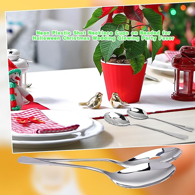 12 Pcs Stainless Steel Serving Spoon Set Including 6 Large Slotted Spoons 6 Serving Spoons Silver Utensils Cutlery Set for Kitchen Buffet Hot Pot Party, 9.9 Inch