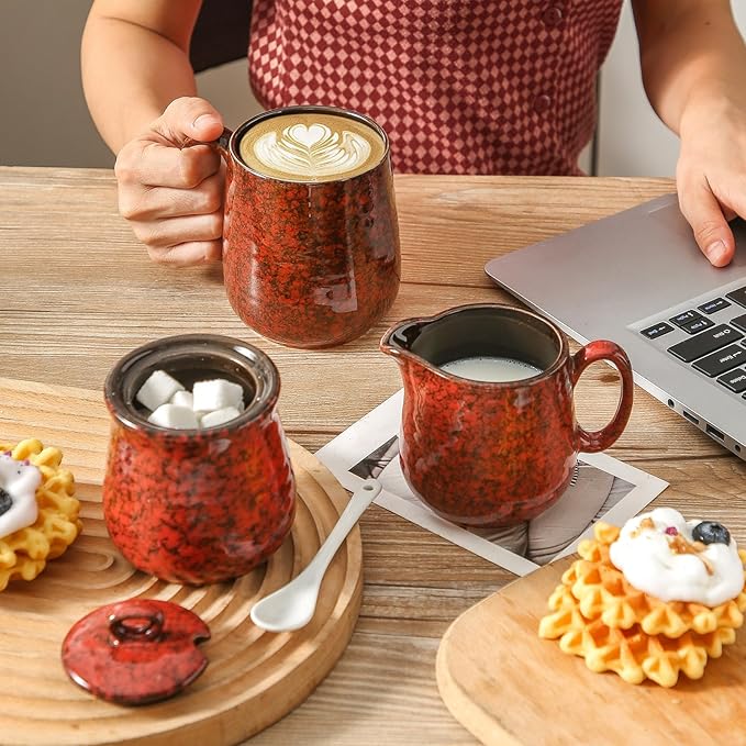 Hasense Ceramic Sugar and Creamer Set, 11 Ounce Sugar Bowl with Lid and Spoon, 10 Ounce Cream Pitcher, Red Coffee Serving Set for Gift, Dishwasher & Microwave Safe