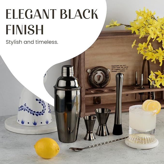 Mixology & Craft 11-Piece Cocktail Shaker Set with Wood Stand | Complete Cocktail Kit Gift Set | Top Bartender Gifts for Men & Women | Leak-Proof Tools (Gun-Metal Black)