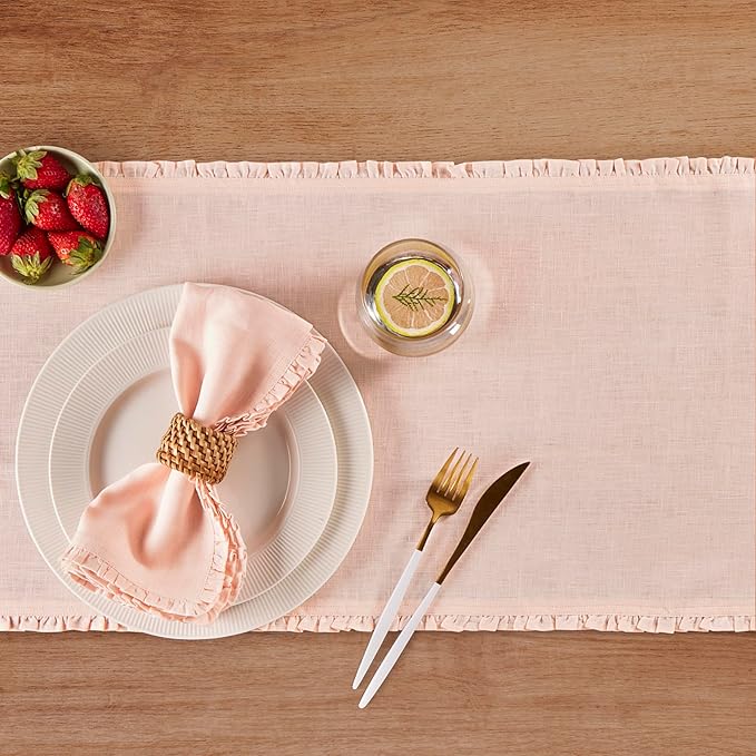 Solino Home Peach Cloud Linen Dinner Napkins 20 x 20 Inch - 100% Pure Linen Juliette Ruffle Cloth Napkins Set of 4 - Handcrafted and Machine Washable