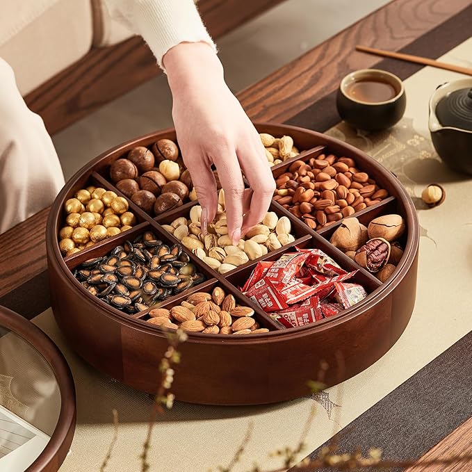 12" Wooden Serving Tray with Lid, 360° Rotating Snack Try, 9 Compartments, Platter Organizer for Snacks, Candy, Nuts, Chips, Tray for Party, Family Dinner and Holidays