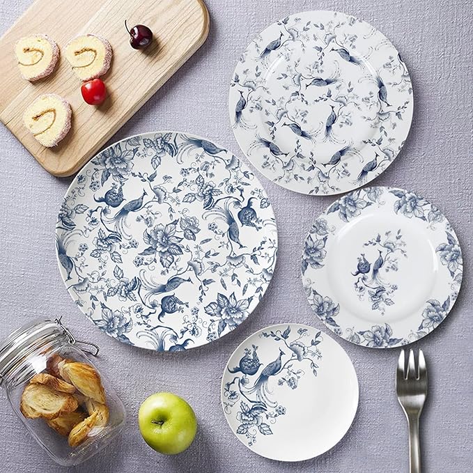 ceramic plate set for 4, 16 piece bone china dinnerware set, blue and white floral bird porcelain dishes sets for wedding, housewarming, hotel