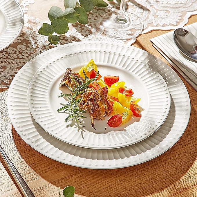 Ceramics Dinner Sets, 56 Pieces Relief Stripe Cereal Bowl and Steak Plate Set | Pure White Porcelain Dinnerware Set for Family Gathering