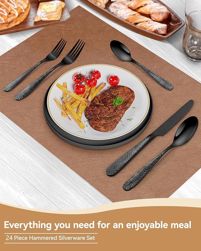 Hammered Silverware Set for 4, Heavy Duty 18/0 Black Flatware Set with Steak Knives, Aswwid 24 Pcs Stainless Steel Kitchen Cutlery Set Include Forks Spoons and Knives, Mirror Utensil Dishwasher Safe