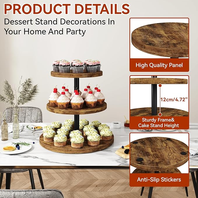 IBUYKE 3 Tier Cupcake Stand,Set of 2,Wood Durable Cupcake Tower,Round Serving Display Stand,Dessert Table Display Tree Tower for Birthday,Home Party, Wedding, Baby Shower,Rustic Brown UTLJ017H-2