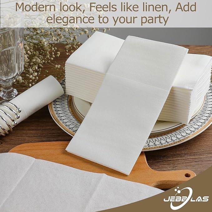 JEBBLAS 100Pack Disposable Cloth Like Napkins, Built-in Flatware Pocket, Wedding Party Linen Feel White Napkin, Prefolded for Silverware