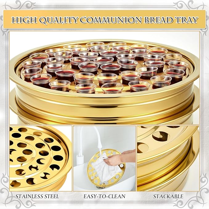 Zhehao 2 Pcs Easter Communion Trays for Churches Set Church Supplies Plates for Church with Disposable Cups (Gold)