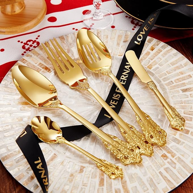 KEAWELL Luxury 45-Piece Flatware Set, 18/10 Stainless Steel Tableware, Service for 8, Antique Baroque Gold-Plated Silverware Set (Gold)