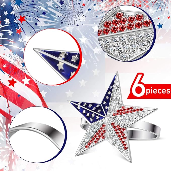 Geiserailie 6 Pieces Patriotic Napkin Rings 4th of July Napkin Ring Holder America 250th Anniversary Decor Independence Day Serviette Holder Buckle Table Ring for Dinning Table