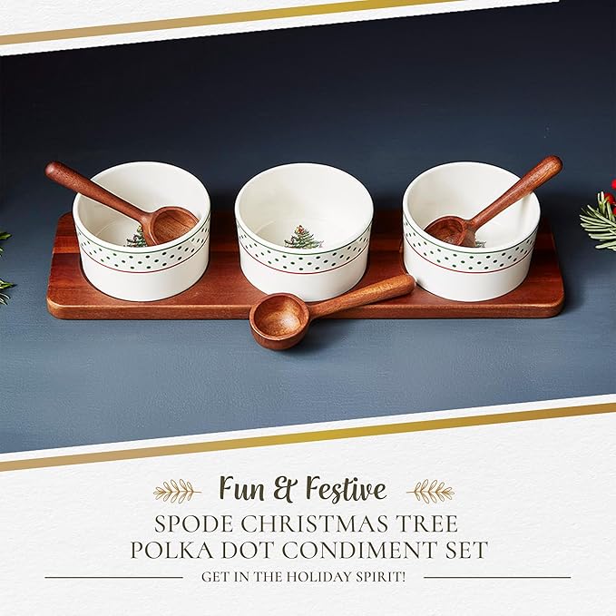 Spode Christmas Tree Condiment Set - 7 Piece Holiday Serveware Set - Ceramic Dip Bowls, Spoons, Serving Tray Included - Appetizers, Sauces, and Snacks - Polka Dot, Festive Entertaining