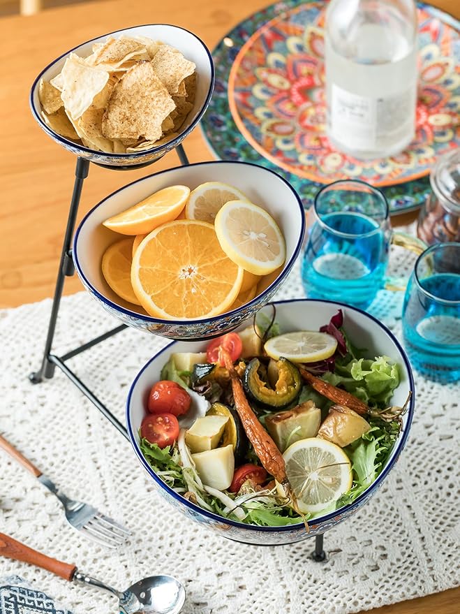 YHOSSEUN 3 Tier Serving Bowls, Serving Dishes for Entertaining Porcelain Serving Trays and Platters Tiered Bowl Set with Collapsible Thicker Sturdier Metal Rack