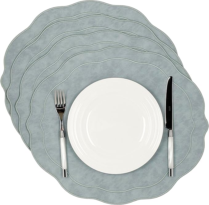 Embroidered Scalloped Faux Leather Placemats Set of 4 - Earth Tone, Soft, Wipeable Luxury Dinner Table Mats for Dining & Wedding, 17.25" x 15", Light Blue Gray