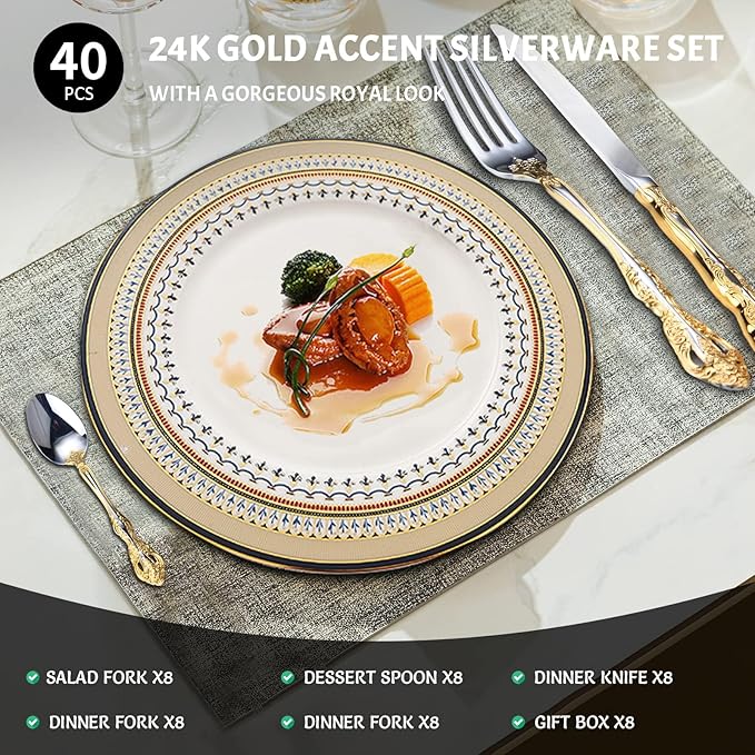 michelangelo cutlery set,18/10 stainless steel flatware sets, 40-piece service for 8 people,utensils tableware set for kitchen,dishwashe safe