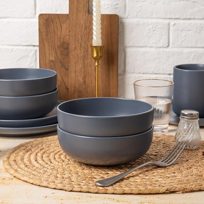 12-Piece Stoneware Dinnerware Set with Mugs | Microwave and Dishwasher Friendly | Stackable Matte Glaze Plates & Bowls | Service for 3 (Blue for 4)