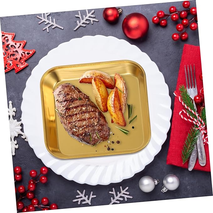 Ciieeo 2pcs Stainless Steel Food Trays Baking Small Square Metal Dinner Plates Gold Serving Tray for Appetizer Cookie