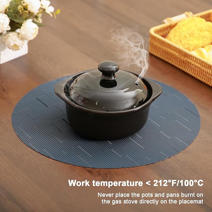Round Placemats Set of 4 Heat Resistant Vinyl Placemats 15 inch Washable Non-Slip Table Mats Woven Place Mats for Dining Table (Black + Dark Blue, Set of 4)