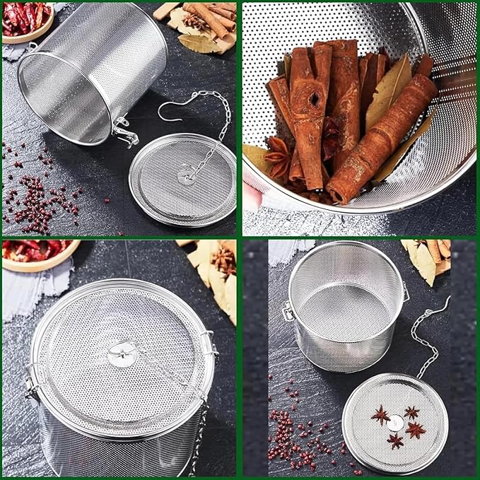 Stainless steel cylindrical seasoning filter, Multi purpose spice filter,Mesh Design Tea Ball Strainer Soup Seasonings Seperation Basket Filter with Chain Hook for Home Restaurant (12 * 12CM/1.356L)