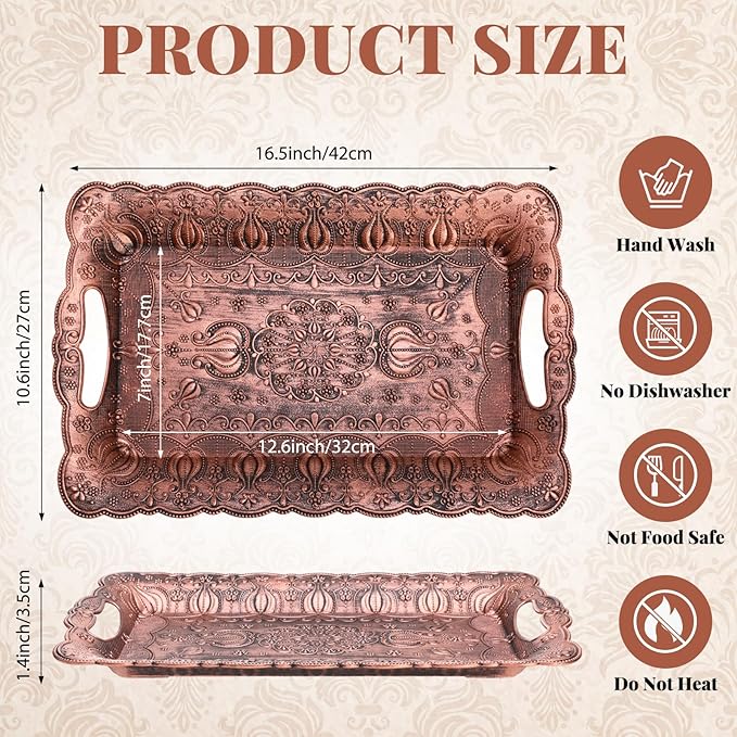 LemonRoad 6 Packs Plastic Copper Serving Trays with Handles 17 x 11 Inch Retro Vintage Embossing Rectangle Reusable Party Snack Decorative Serving Trays for Tea Coffee Fruit Dessert