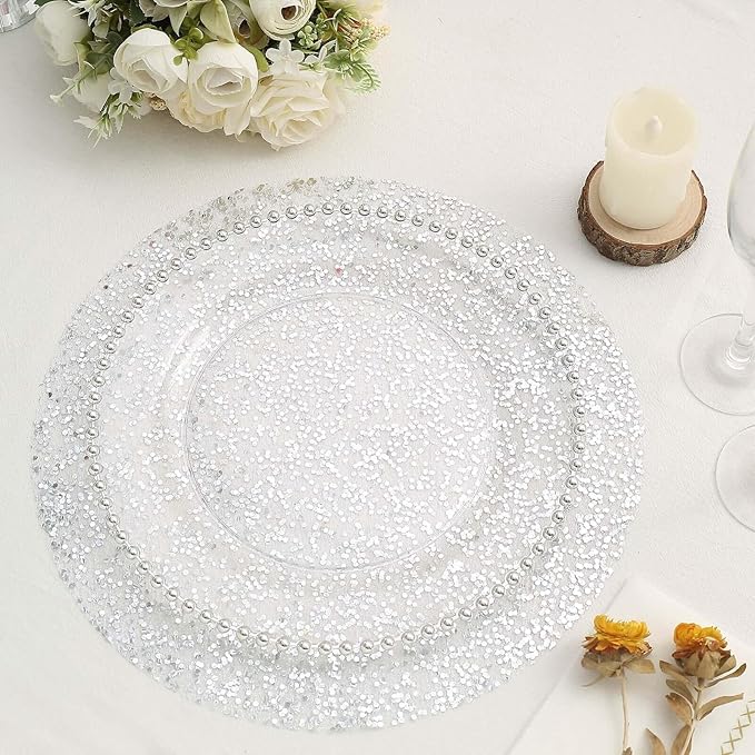 20 Pack 13" Metallic Silver Sequin Placemats - Round Sparkly Dust-Free Table Mats for Dining - Disposable Mesh Mats for Parties and Events