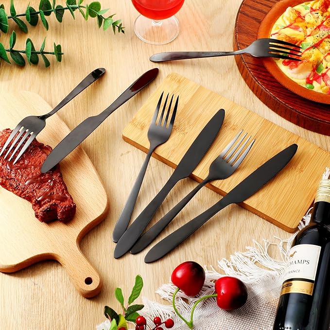 Nuenen 100 Pieces Stainless Steel forks and knives Dinner Flatware Set Tableware Cutlery for Butter Kitchen Restaurant, Dishwasher Safe(Black,8.4 Inches, 7.1 Inches)